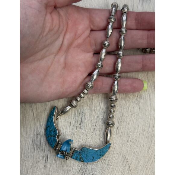 Native American Sterling J TSO Carved Turquoise Eagle Movable Wings Necklace
